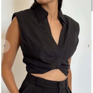 ASTR The Label Kathlynn Linen Blend Front Twist Collared Crop Top XL Black